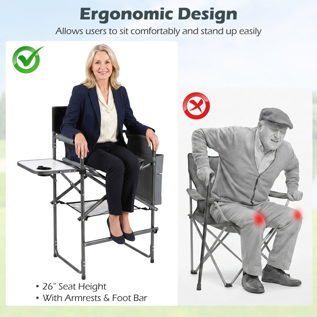 Ergonomic chair design comparison with a woman and an elderly man using chairs.