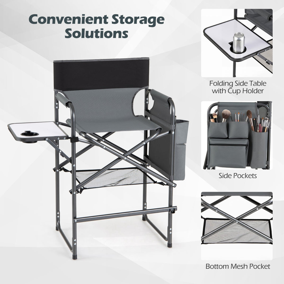 Gray director's chair with storage features on a white background