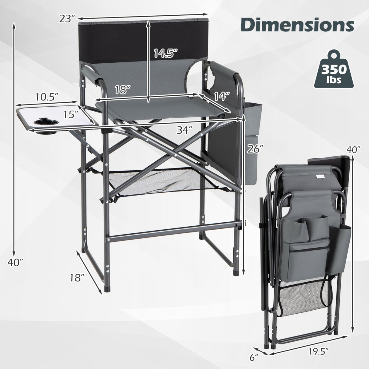 Camping chair with dimensions and weight capacity displayed