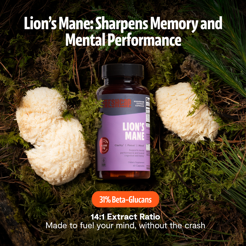 Lion's Mane supplement bottle with mushrooms on a natural background