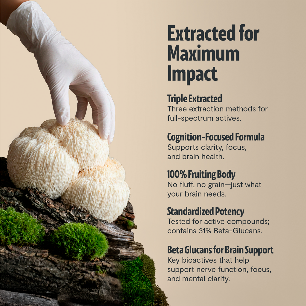 Hand wearing a white glove holding a large white mushroom with text about its benefits on a beige background.