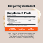 Supplement facts label with text about mushroom extract on a beige background
