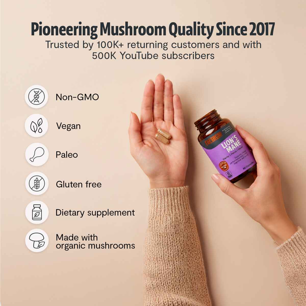 Person holding dietary supplements with a bottle labeled 'Low Carb High Fiber' on a beige background, featuring product benefits.