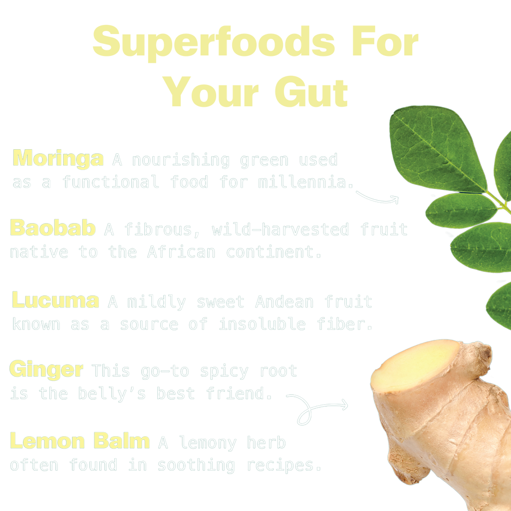 List of superfoods for the gut with images of Moringa, Baobab, Lucuma, Ginger, and Lemon Balm on a white background.