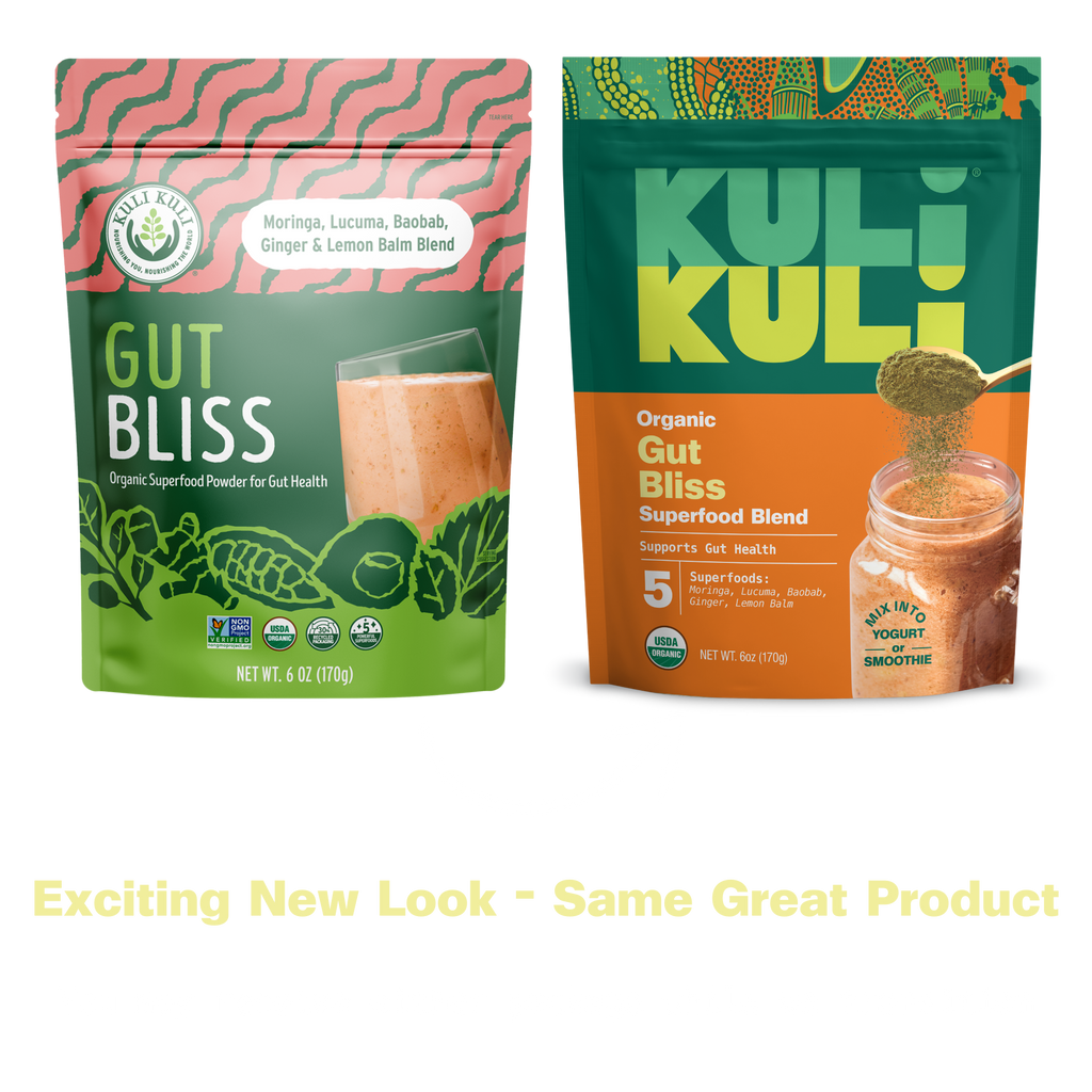 Two packages of Kuli Kuli Gut Bliss superfood blend on a white background.