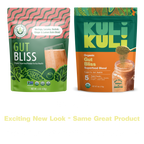 Two packages of Kuli Kuli Gut Bliss superfood blend on a white background.