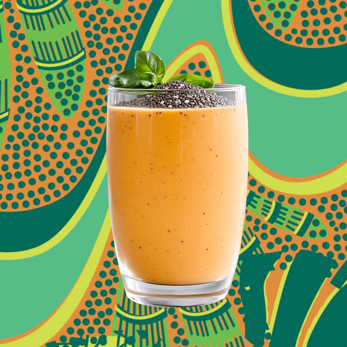 Orange smoothie in a glass with chia seeds on a colorful patterned background