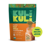 Kuli Kuli Organic Gut Bliss Superfood Blend packaging with a free recipe eBook offer.