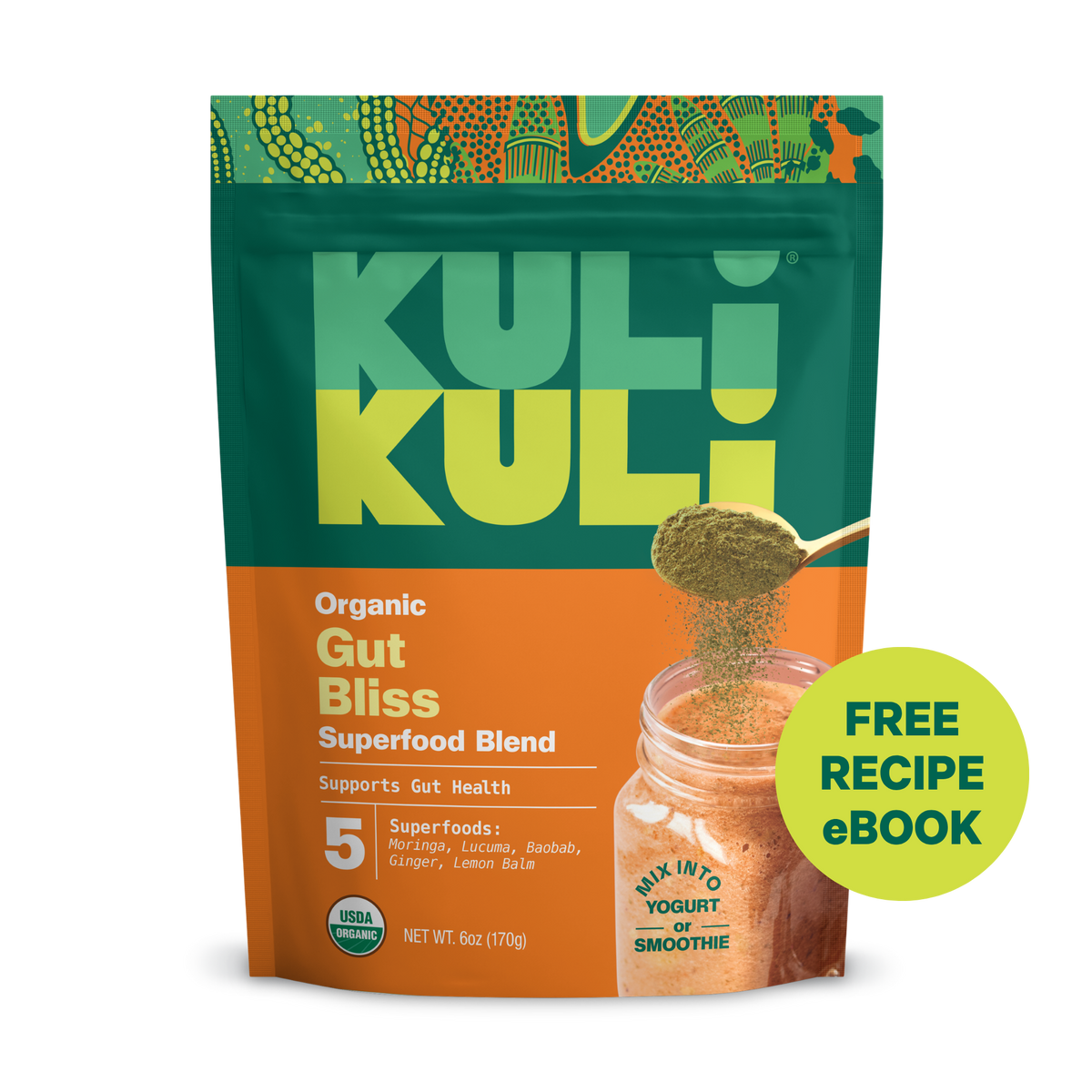 Kuli Kuli Organic Gut Bliss Superfood Blend packaging with a free recipe eBook offer.