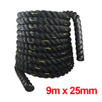 Black battle rope with yellow accents on a white background, labeled 12m x 25mm.
