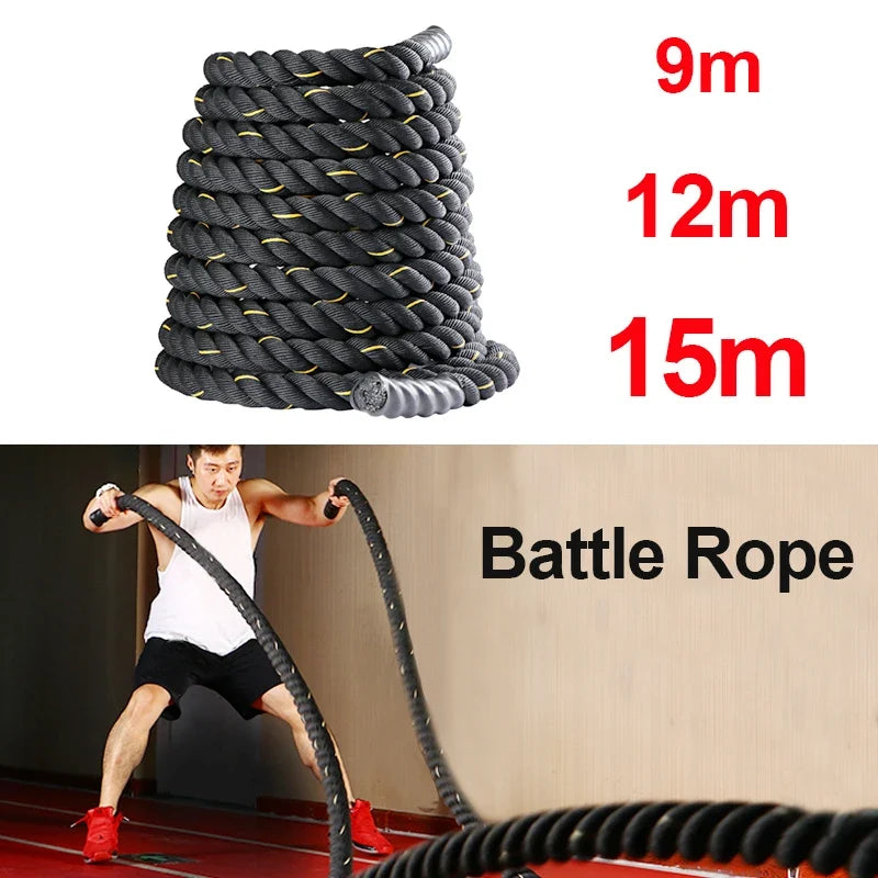 Battle rope with different lengths shown and a person using it.