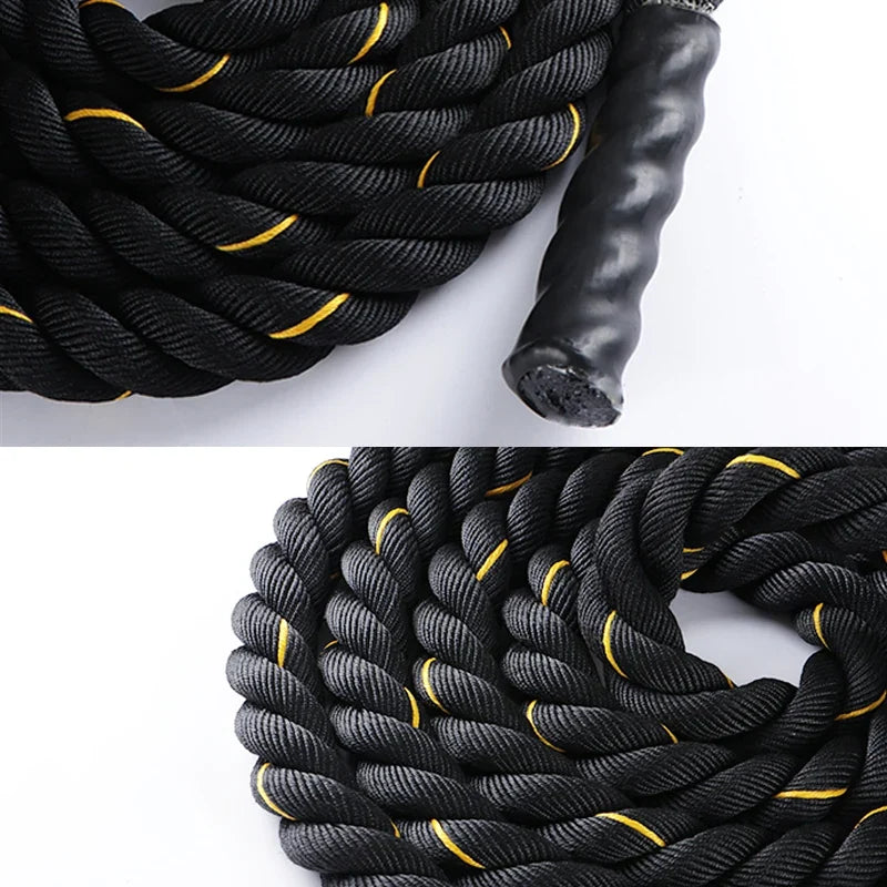 Black and yellow battle rope on a white background