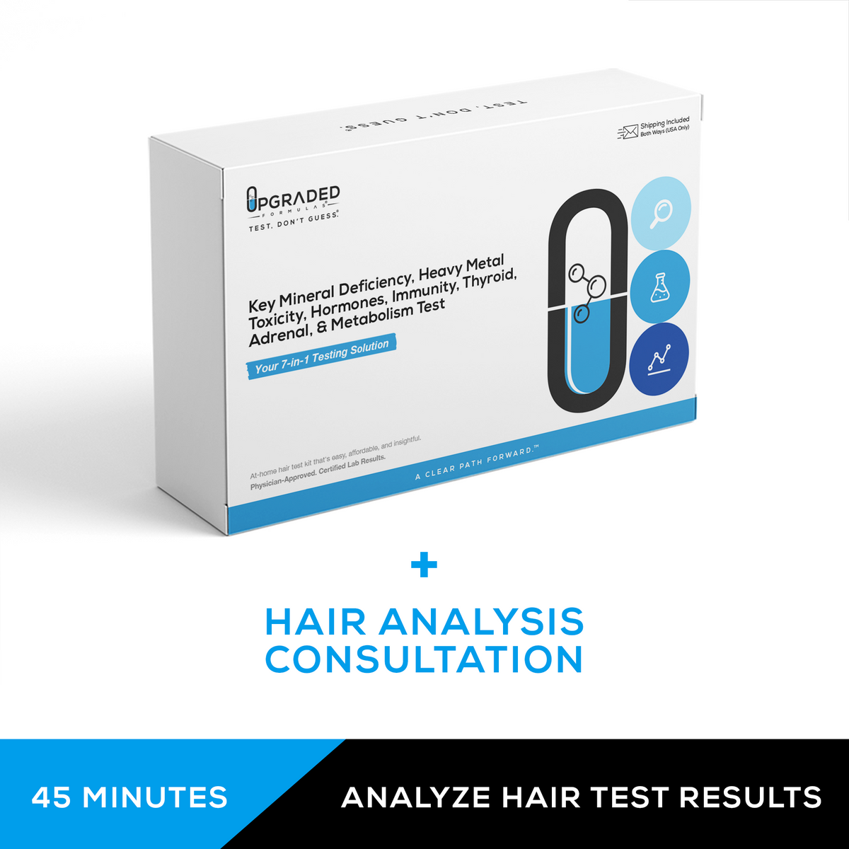 Hair analysis test kit packaging with text on a white background