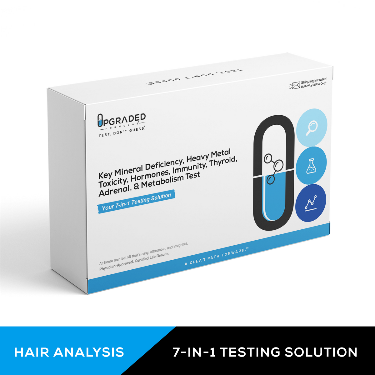 Box of a 7-in-1 hair analysis testing solution on a white background