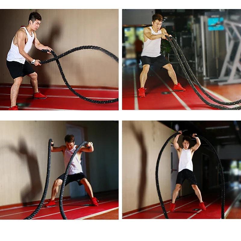 Man using battle ropes in a gym setting