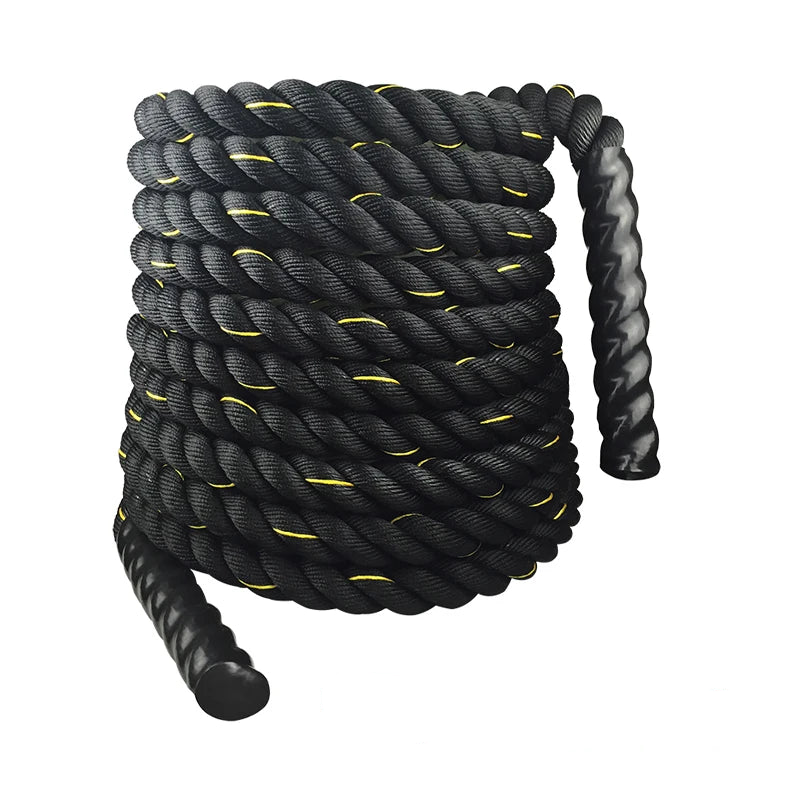 A coiled black battle rope with yellow stripe accents and black textured handles, shown on a solid white background.