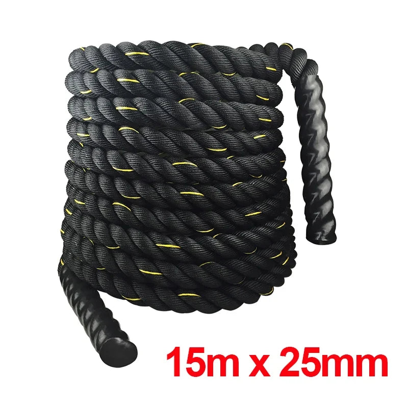 Black battle rope with yellow accents on a white background, labeled 12m x 25mm.