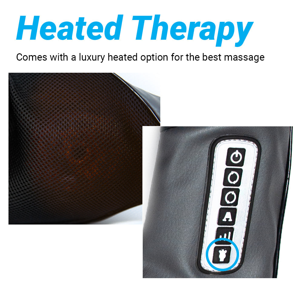 Massage pillow with heated therapy feature, showing heating element and control panel.