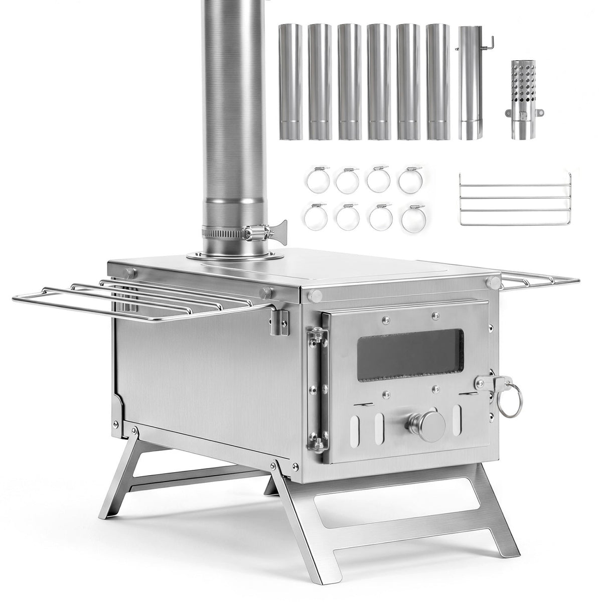 A stainless steel portable wood stove with a chimney pipe, side racks, and legs, shown on a white background with included accessories arranged above it.
