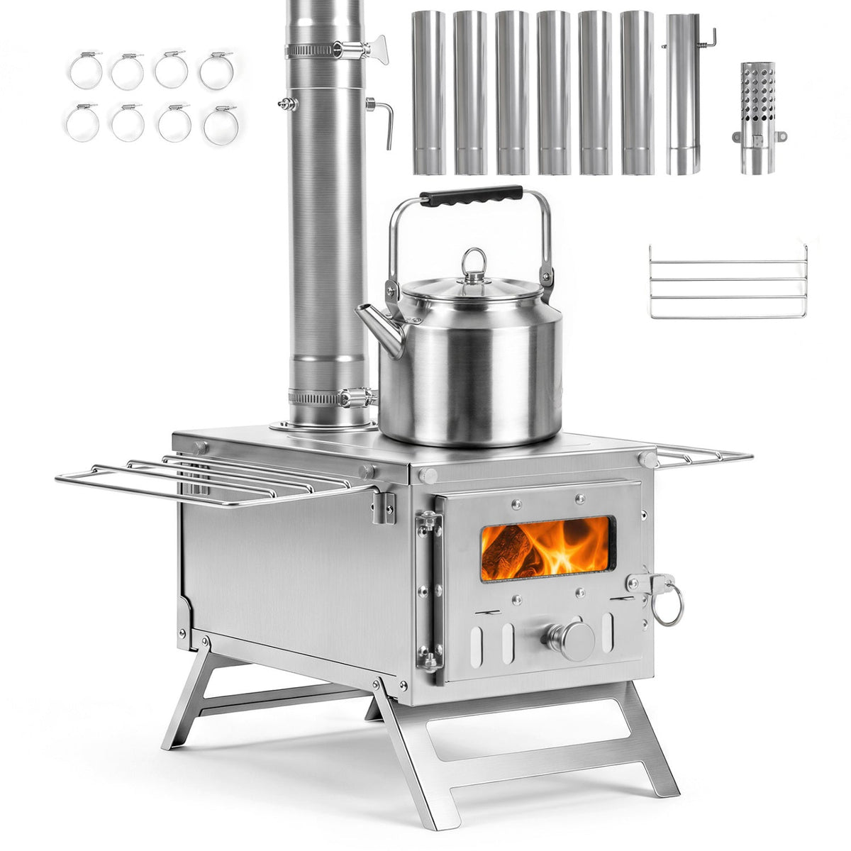 A stainless steel portable wood-burning stove with a kettle on top, shown on a white background with included accessories such as a chimney pipe, fuel clips, a grate, and a rack.