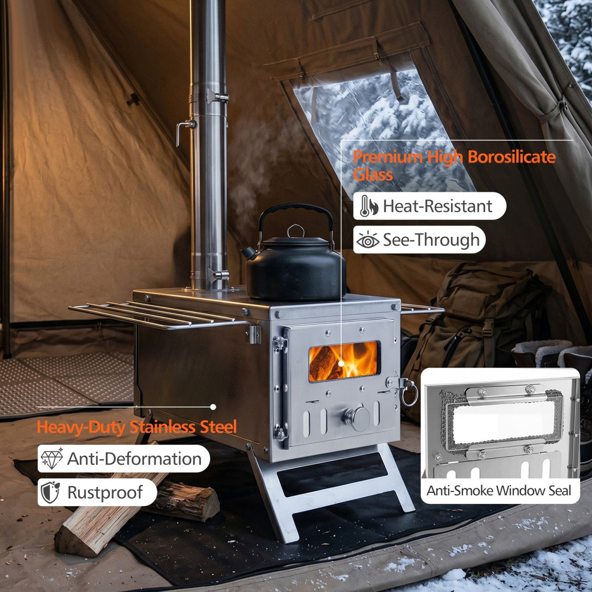 A stainless steel and aluminum outdoor wood-burning stove with a black kettle on top, set inside a camping tent with a visible fire. Text callouts highlight premium high borosilicate glass, heat-resistant properties, anti-deformation and rustproof quality, and an anti-smoke window seal inset.
