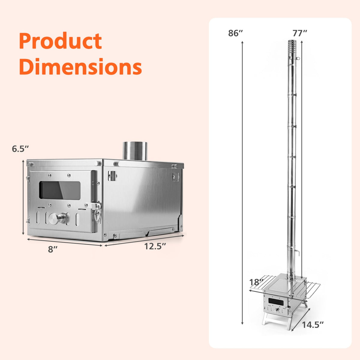 Product dimensions diagram showing a stainless steel wood-burning stove and chimney stack on a pale peach background, with measurements labeled in inches.
