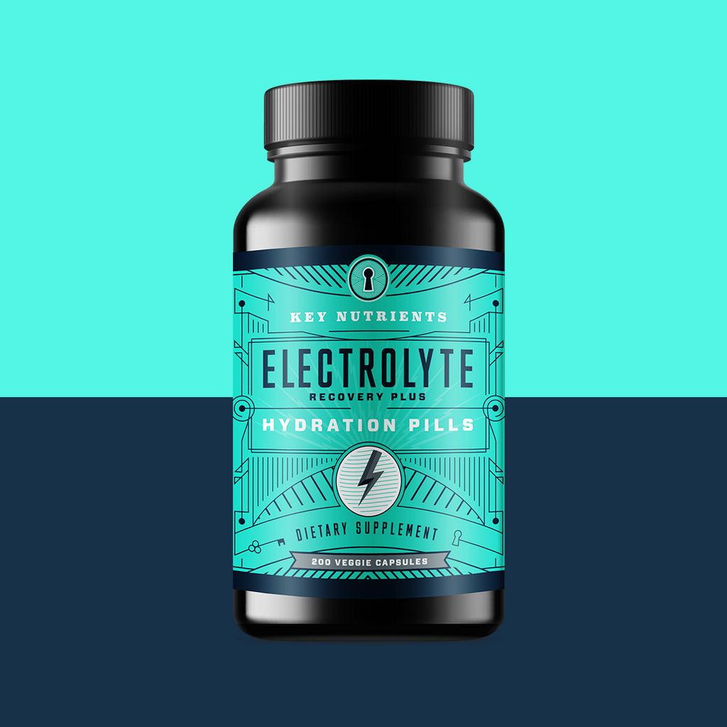 Bottle of Electrolyte Recovery Plus Hydration Pills on a two-tone blue background
