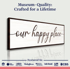 Decorative wall art with 'our happy place' text on a white background