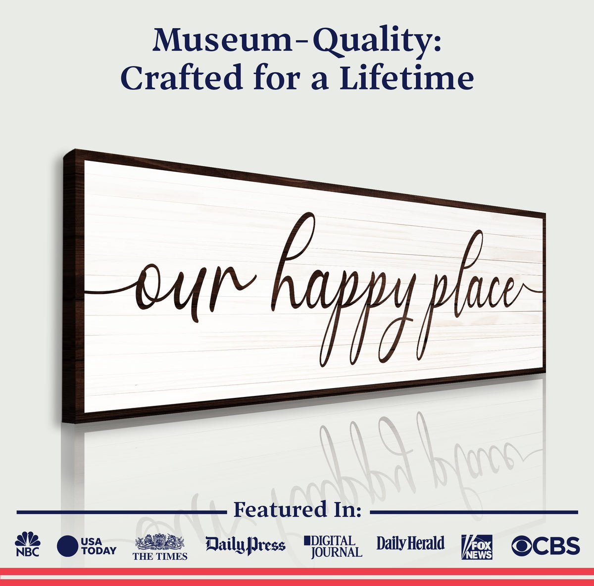 Decorative wall art with 'our happy place' text on a white background