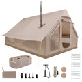 A beige canvas camping tent with a metal chimney stack, shown on a white background with included accessories such as a carry bag, pump, ropes, stakes, and attachment pieces.