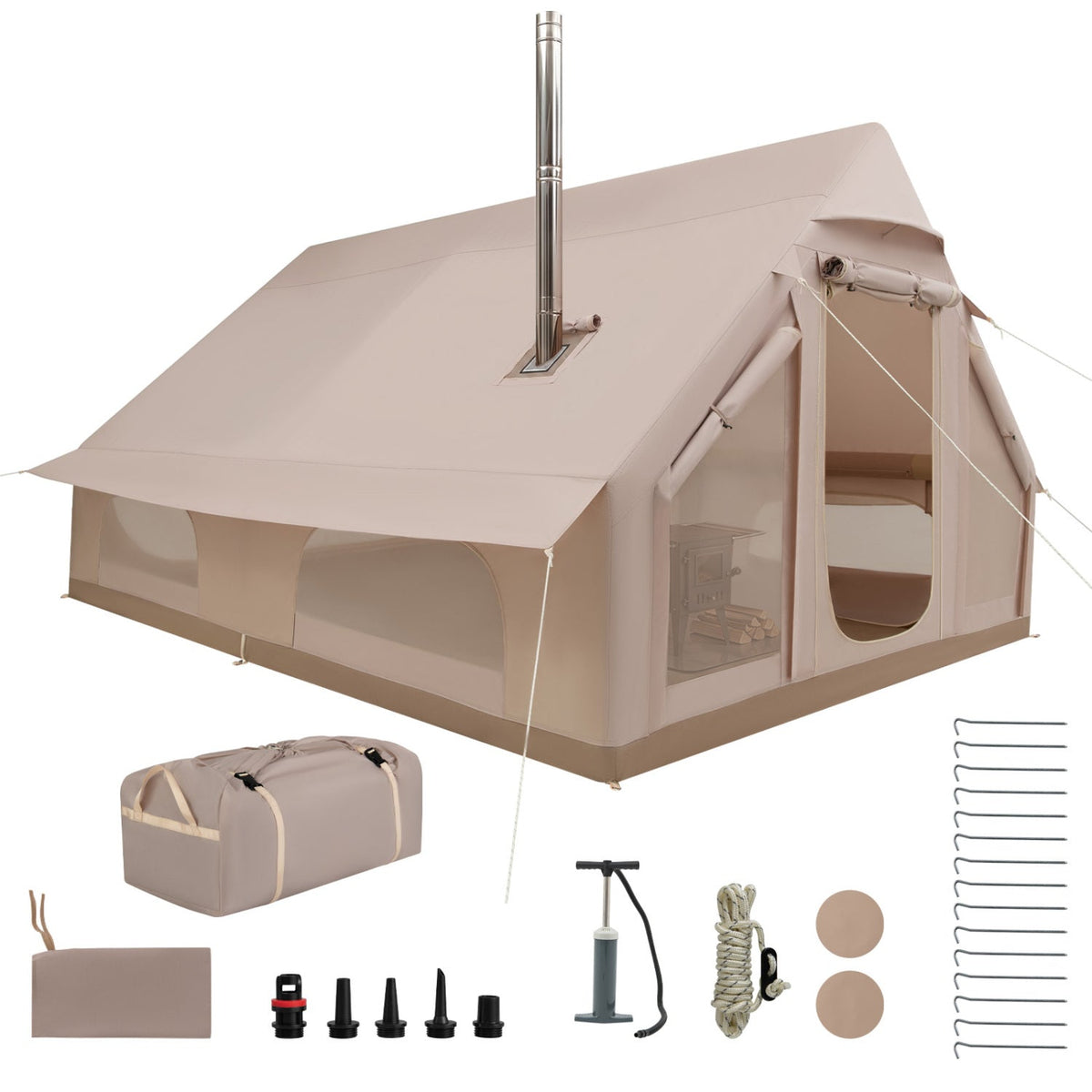 A beige canvas camping tent with a metal chimney stack, shown on a white background with included accessories such as a carry bag, pump, ropes, stakes, and attachment pieces.