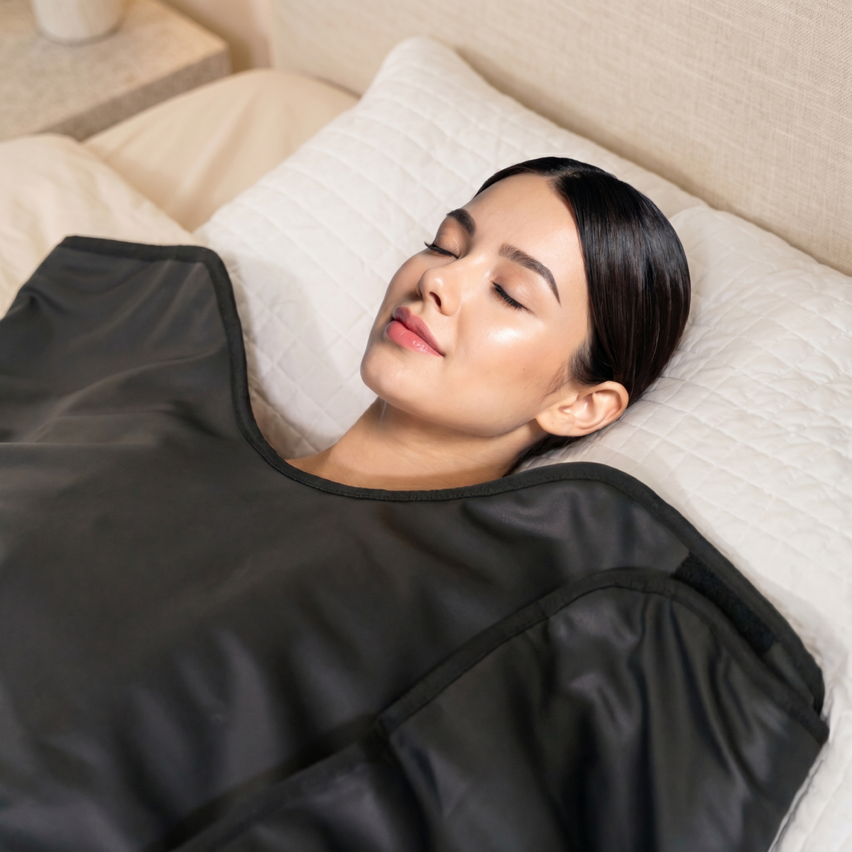 Woman lying on a bed with a black hooded blanket