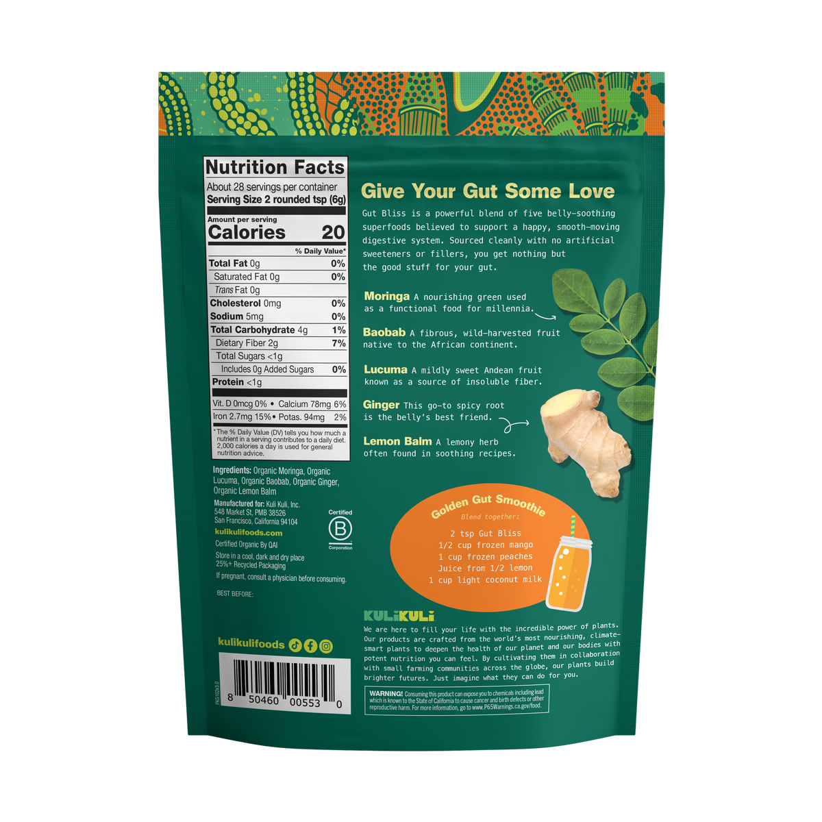 Back of a green package with nutritional information and branding on a white background