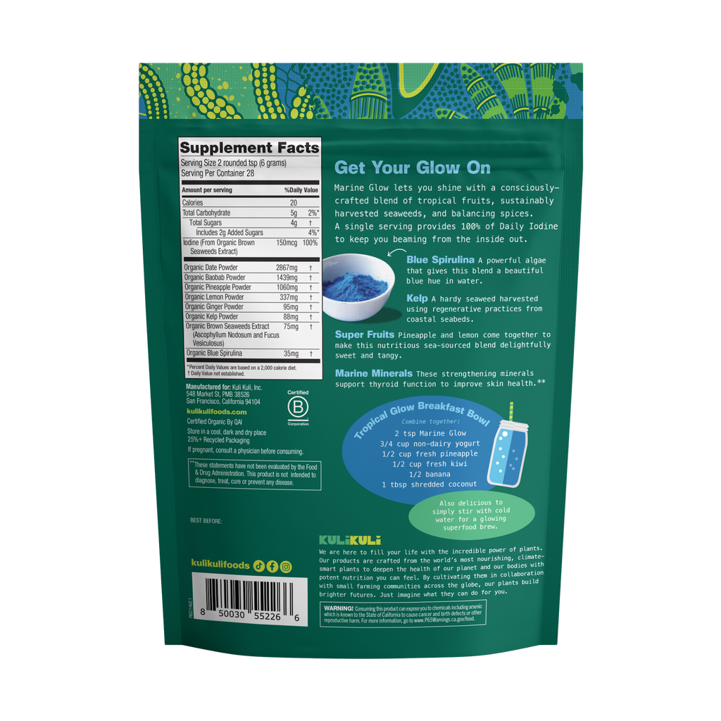 Back of a green supplement package with text and branding