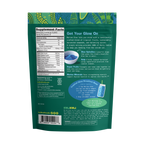 Back of a green supplement package with text and branding