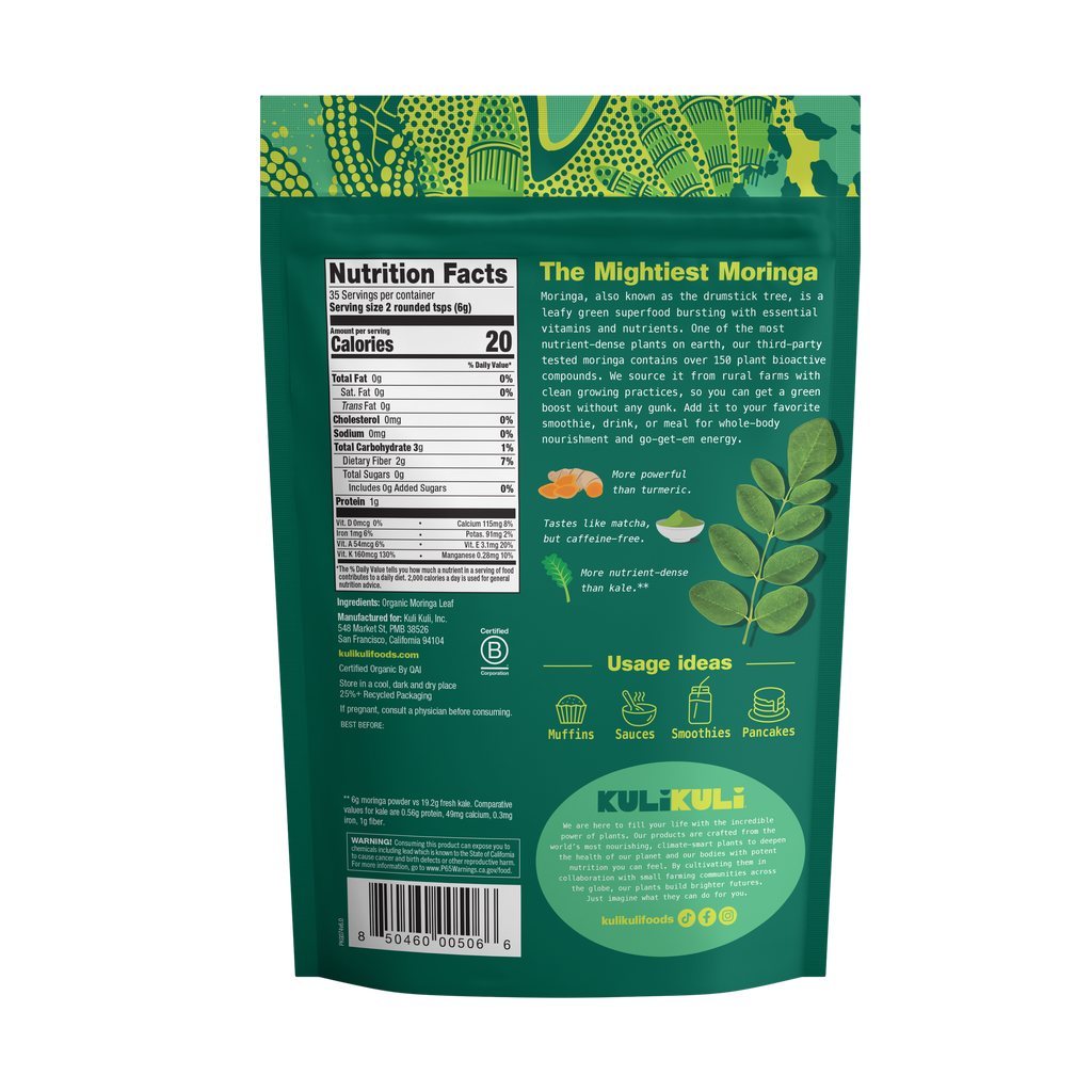 Back view of a green package with nutritional information and usage ideas on a white background