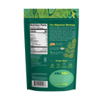 Back view of a green package with nutritional information and usage ideas on a white background