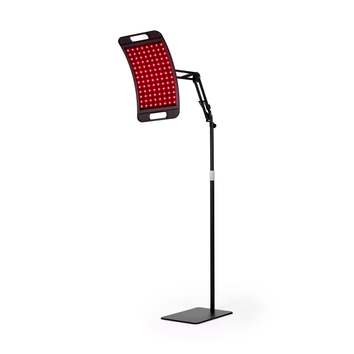 Red light therapy device on a stand with a white background