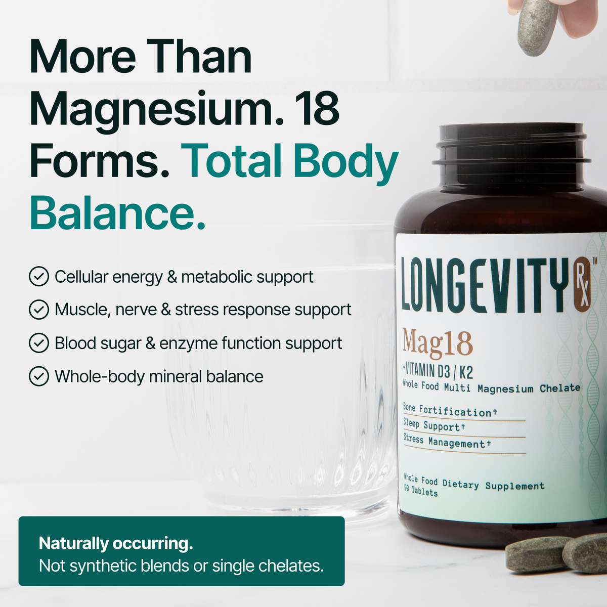 Longevity Rx supplement bottle with text about supplement benefits on a white background