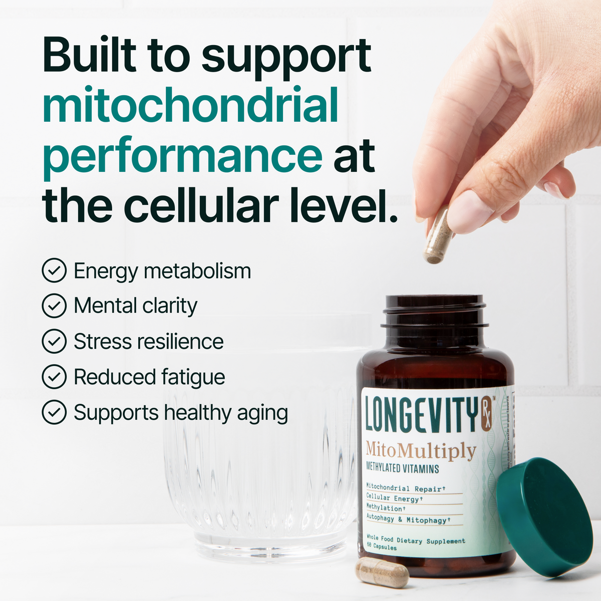 Supplement bottle labeled 'Longevity MitoMultiply' with a hand holding a capsule on a light background.