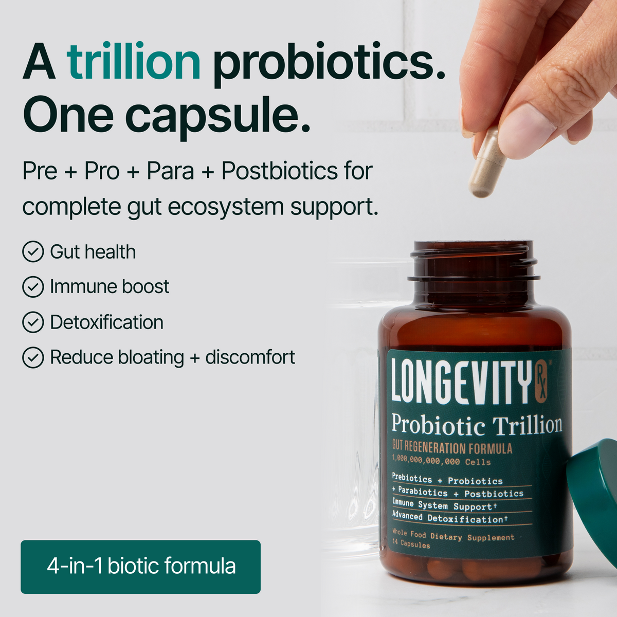 Longevity Probiotic Trillion supplement bottle with a capsule being held above it on a light background.