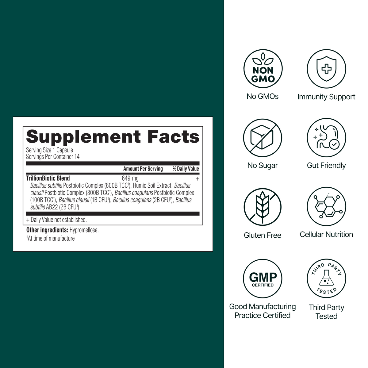 A supplement facts label on a dark green background with feature icons. The label reads 'Supplement Facts' and shows a trilobalitic blend.