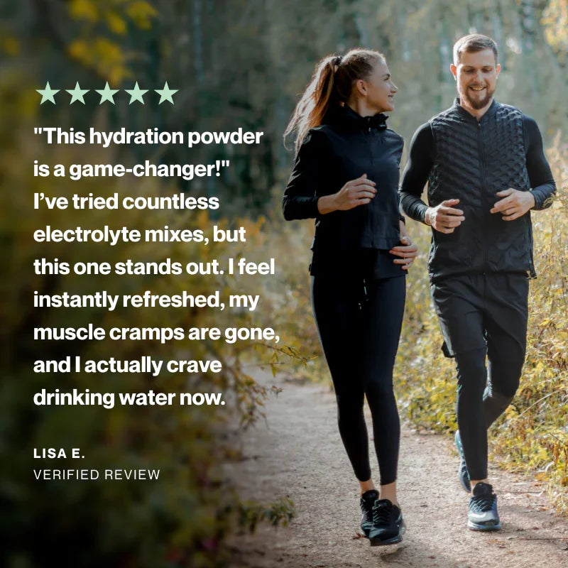 Two runners on a path with a review text overlay about hydration powder.