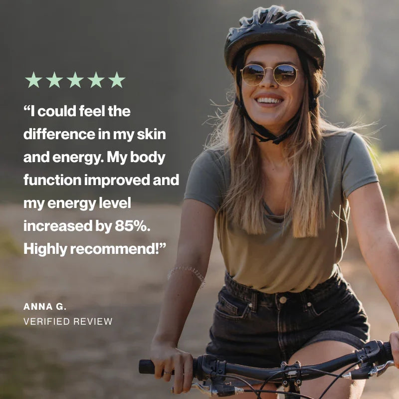 A smiling woman wearing a black bicycle helmet and sunglasses rides a bicycle outdoors on a sunlit path. Large text on the left shows a five-star review quote from Anna G.