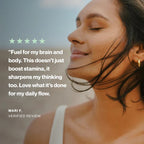 Woman with a quote about fuel for the brain and body on a blurred natural background