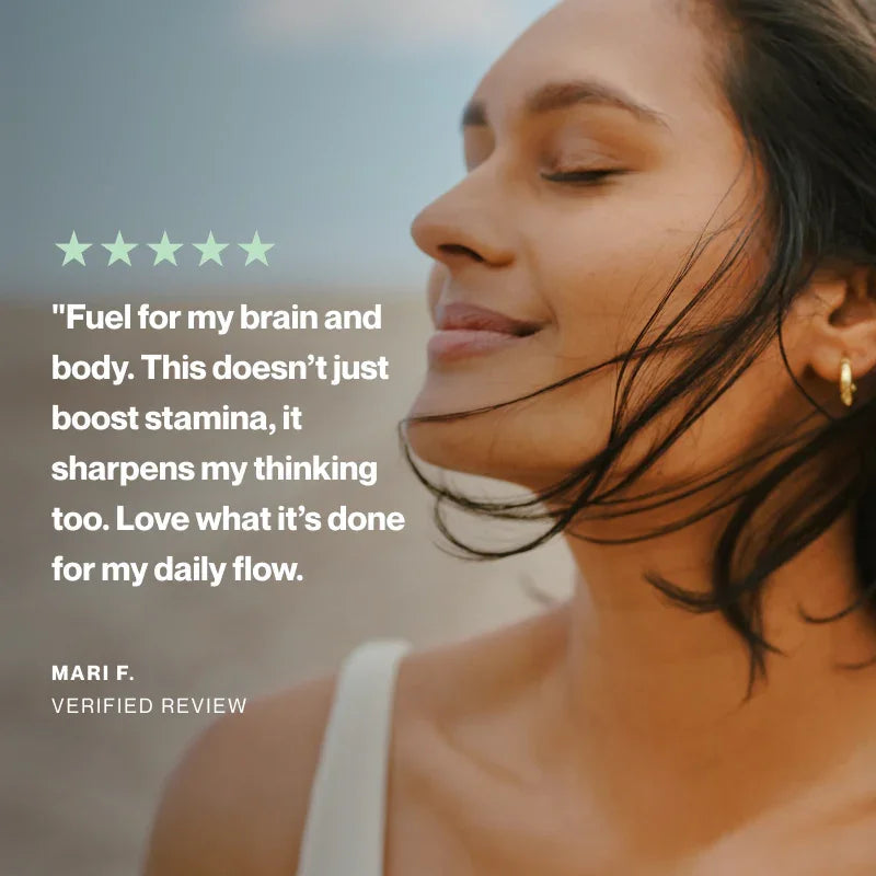 Woman with a quote about fuel for the brain and body on a blurred natural background