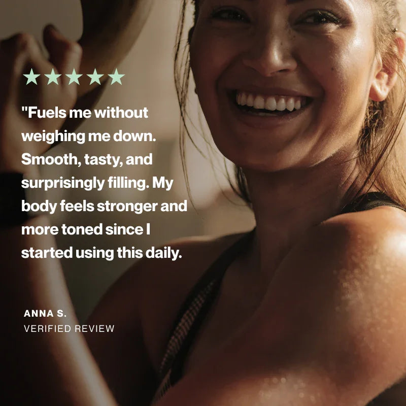 A smiling woman in a black sports bra or tank top appears on the right side of the frame, with a large review quote and five stars overlaid on the left. The text reads: 'Fuels me without weighing me down.