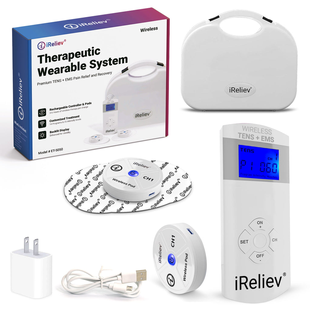 iReliev therapeutic wearable system packaging, device, and accessories on a white background