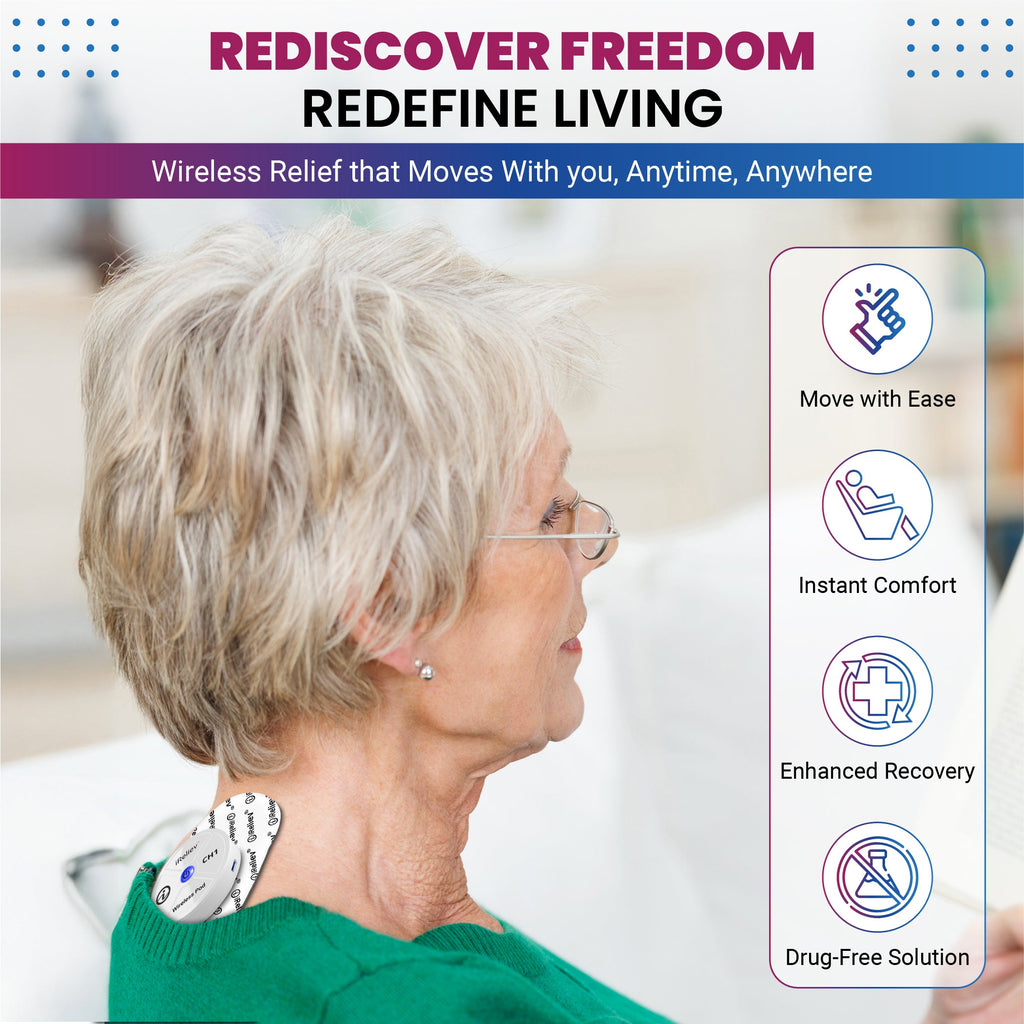 Woman wearing a device on her neck with text about wireless relief, move with ease, instant comfort, enhanced recovery, and drug-free solution.