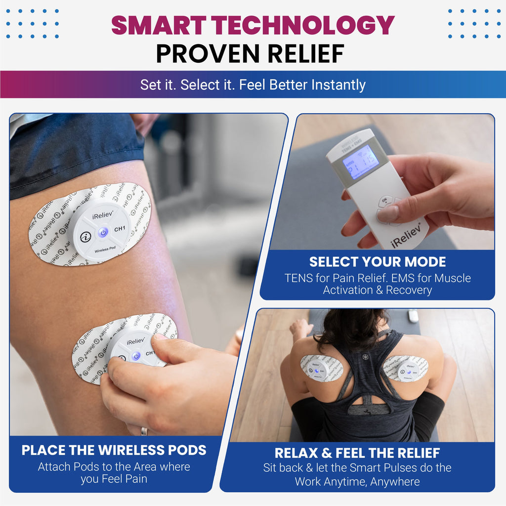 Smart technology pain relief device with wireless pods attached to a person's skin.
